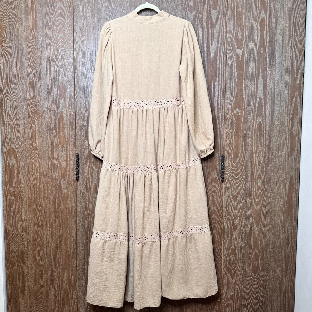 Modern Tan Farmhouse Eyelet Tiered Modest Maxi Dress Long Sleeve Women M Cottage - Picture 2 of 10